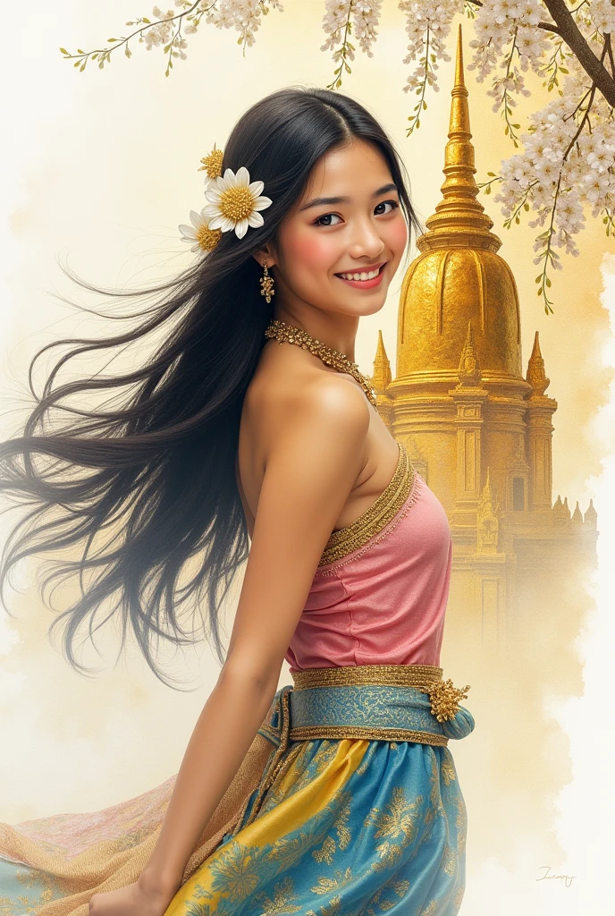 epic realistic, intricate details, light and shiny, abstract  watercolours painting of a Cambodian woman in the style of ethereal abstractions, wearing a pink embroidered with golden filaments tube top and blue -yellow sarong with khmer patterns, in the wind flowering black long hair adorned with white jamin flowers and jewelleries, mid-turn, smiling looking at viewer,  abstract silhouette of Khmer temple in gold background, gold kintsugi effects, gold splash effet and smudge effects, Wisteria flowers under light orange and red, double exposure.