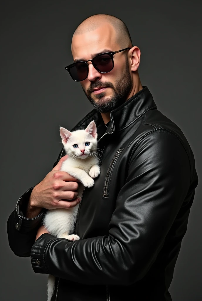 Bald man, sunglasses, bearded face, well built, black leather jacket, holding kitten,