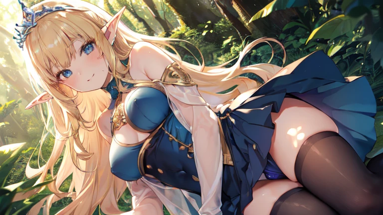 best quality、Highest image quality、Super beautiful elf beauty((22-year-old OL with big bust、Bust 90,Beautiful long permed hair、Blonde、Slender、beautiful tiara、high quality、Elf ears、Happy smile、myth、Sexy的、extremely good、Mysterious Forest、in the woods、super high quality, Super detailed, Ultra-clear, forest, one person, long blonde hair, sleep, Swimsuit, beautiful color clothes, dress, mini skirt, Stockings, Sexy,