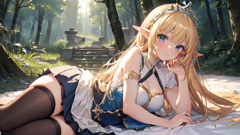 best quality、Highest image quality、Super beautiful elf beauty((22-year-old OL with big bust、Bust 90,Beautiful long permed hair、Blonde、Slender、beautiful tiara、high quality、Elf ears、Happy smile、myth、Sexy的、extremely good、Mysterious Forest、in the woods、super high quality, Super detailed, Ultra-clear, forest, one person, long blonde hair, sleep, Swimsuit, beautiful color clothes, dress, mini skirt, Stockings, Sexy,