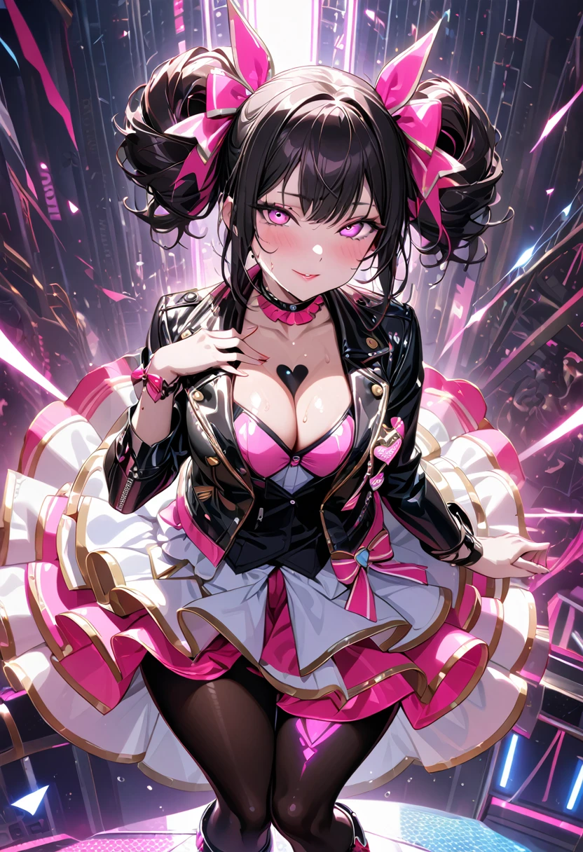 A young and beautiful person,(Highest quality,Extremely detailed depiction,Incredibly absurd high resolution,Anatomically accurate depiction,Nice hands, Perfect Fingers,Curvy Legs),(Glowing Skin,Shiny skin),(Sexy Idol),(Cute idol costumes,Black Leather Jacket:1.3,Cute hairstyle,pantyhose,Choker of Hearts,boots,),eyelash,(Bright pink eyes,There is cleavage in the chest,A seductive smile,Glossy Lips,Seductive gestures),Sweat,whole body