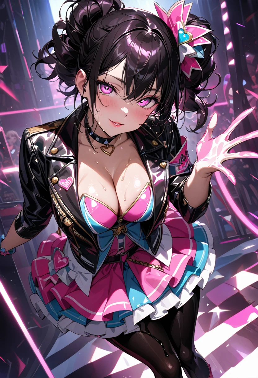 1girl, biker girl, cat ears, cat tail, black hair, pink eyes, roadie, showing v sign with hand, tongue out, playful, playful wink, slender, sinuous, fishnet top, black mini skirt, black boots, technician, backstage