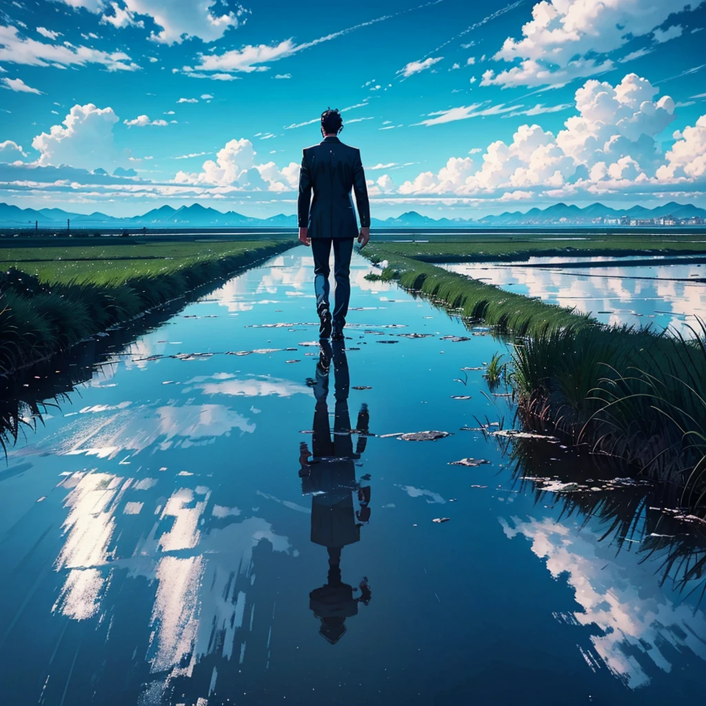 A handsome man walking on a wet surface at a distance with his back turned to the viewer, set against a bright blue beautiful sky. The sky and clouds are reflected on the wet surface. The man is centered with the focus on the expansive and fantastical landscape, reminiscent of a cinematic scene. Bright, and vibrant colors.