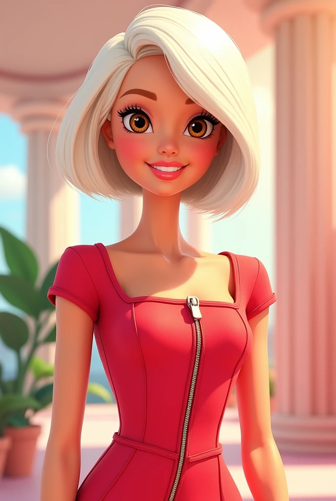 Barbie cartoon style, with brown eyes,short white hair ,dressed in a red square neckline dress with a siper front