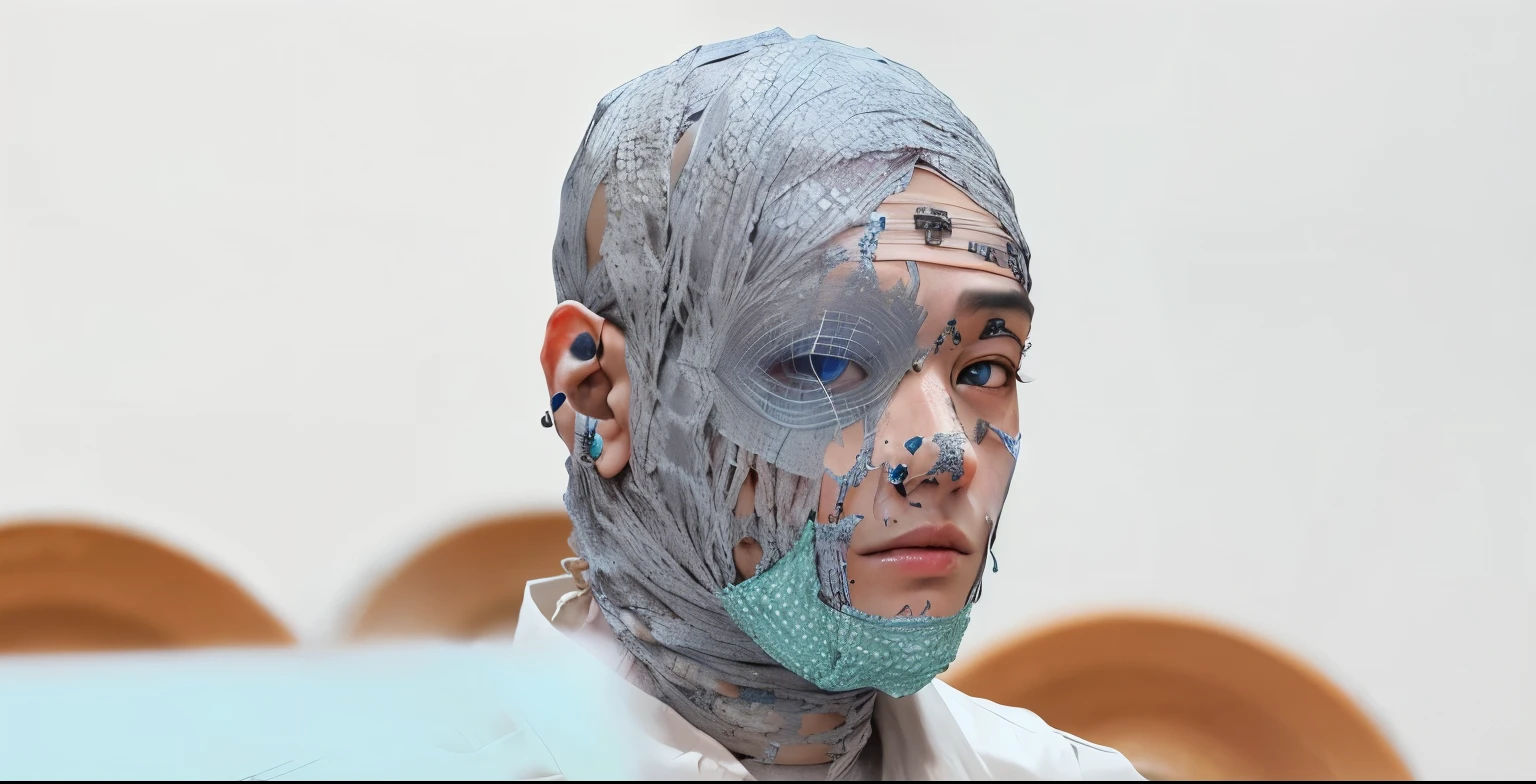 Turn this person into a mummy so that only his eyes can be seen