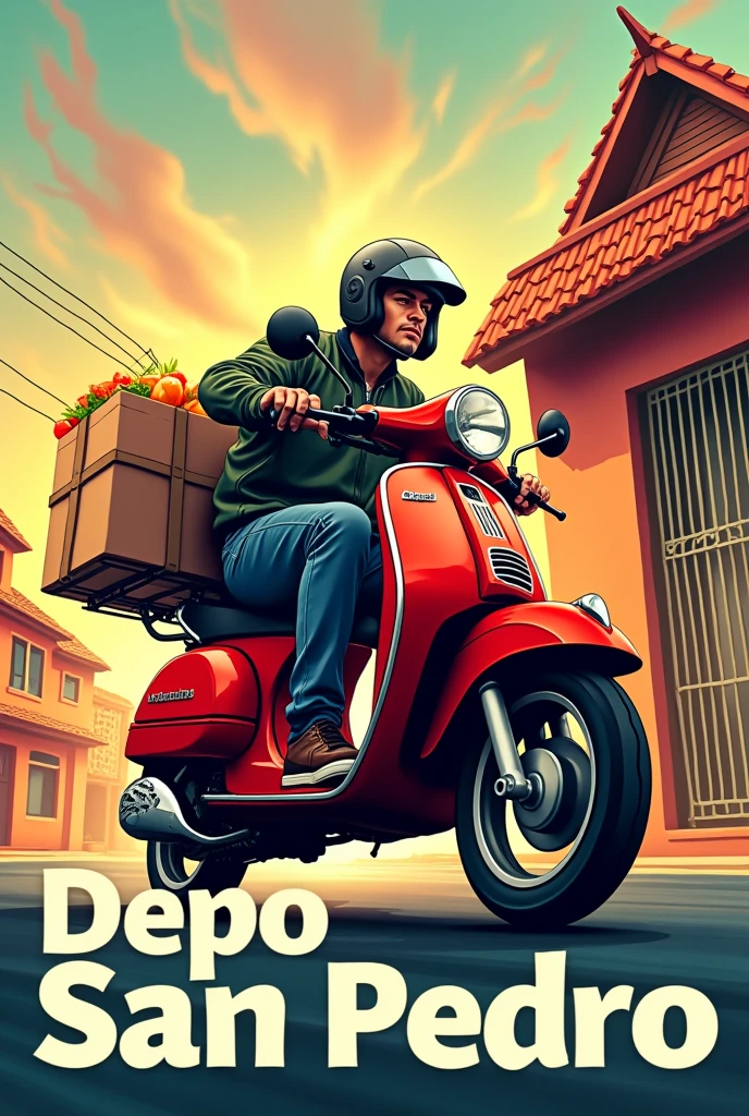 Red delivery motorcycle with groceries, Behind her the triangular shape of the top of a house and below the letters Depo San Pedro
