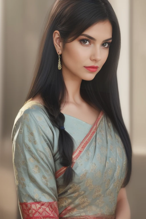 (best quality,4k,8k,highres,masterpiece:1.2),ultra-detailed,(realistic,photorealistic,photo-realistic:1.37) perfect pink eyes, fantastic face, Indian, beautiful look, ((red lips, bright eyes, curve heir 1.5)), (Straight round and ultra huge clevage, not sagging breast), A glorious gorgeous, glorious gorgeous face, pretty face, bright eyes, detailed elegant printed ancient saree and blouse, updo elegant hair, blurred gray tones background, ultra focus, face ilumined, face detailed, 8k resolution, painted, dry brush, brush strokes, razumov style and garmash style, by Tokaito, sexy woman, full body,double bun,double braids, school girl outfit, black hair,perfect eyes, cowboy shot, UHD, anatomically correct woman, no visible hands, photo realistic,relevant and detailed surroundings, vibrant colors, dramatic lighting