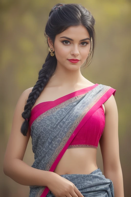 (best quality,4k,8k,highres,masterpiece:1.2),ultra-detailed,(realistic,photorealistic,photo-realistic:1.37) perfect pink eyes, fantastic face, Indian, beautiful look, ((red lips, bright eyes, curve heir 1.5)), (Straight round and ultra huge clevage, not sagging breast), A glorious gorgeous, glorious gorgeous face, pretty face, bright eyes, detailed elegant printed ancient saree and blouse, updo elegant hair, blurred gray tones background, ultra focus, face ilumined, face detailed, 8k resolution, painted, dry brush, brush strokes, razumov style and garmash style, by Tokaito, sexy woman, full body,double bun,double braids, school girl outfit, black hair,perfect eyes, cowboy shot, UHD, anatomically correct woman, no visible hands, photo realistic,relevant and detailed surroundings, vibrant colors, dramatic lighting
