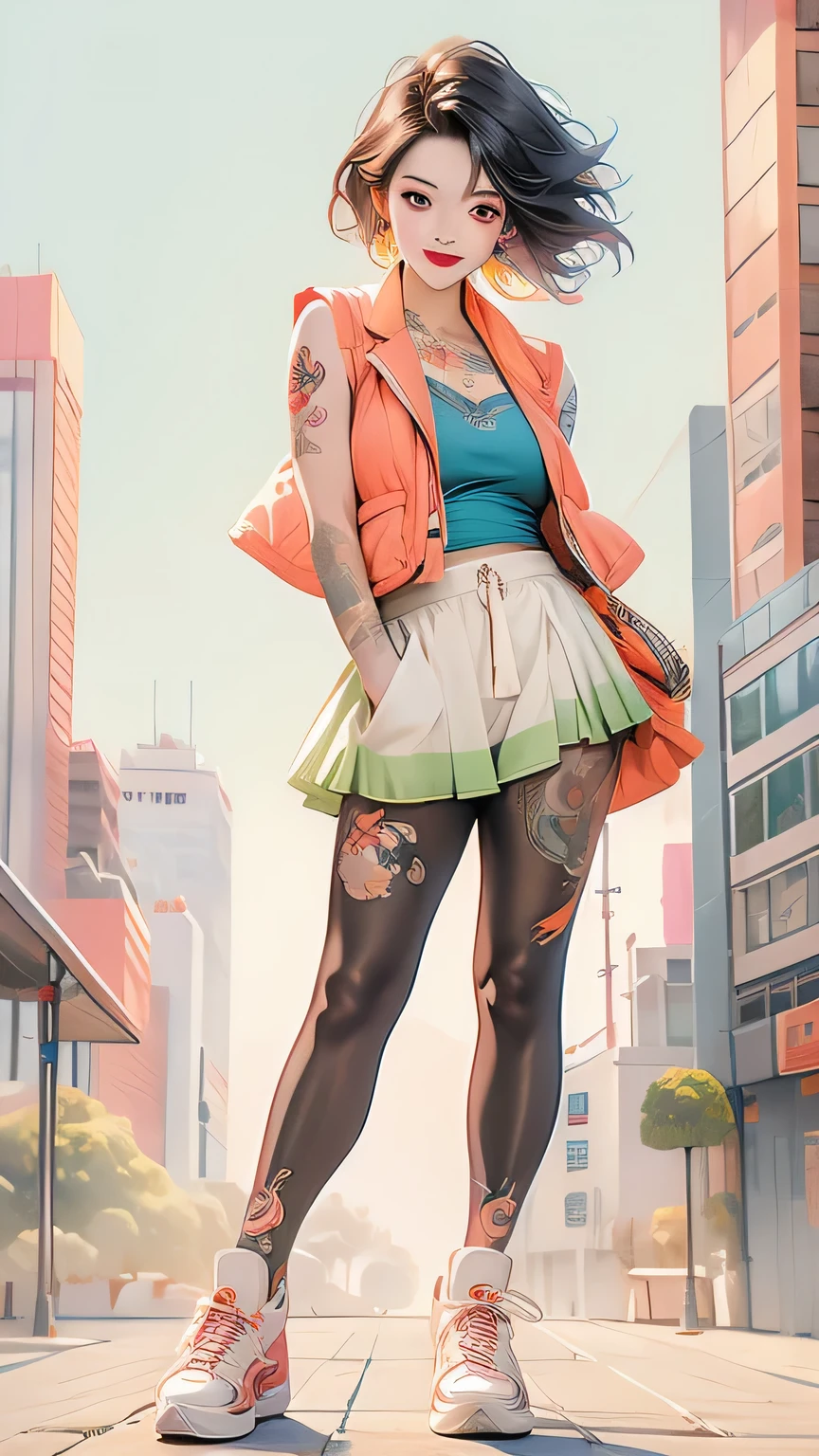 android 18，Colorful gradient short hair half covering the face，Smile，Printed vest，Fashion Long Skirt，Fashion，Large Breasts：1.4，City background，Full body tattoo，Beautiful tattoos：1.4