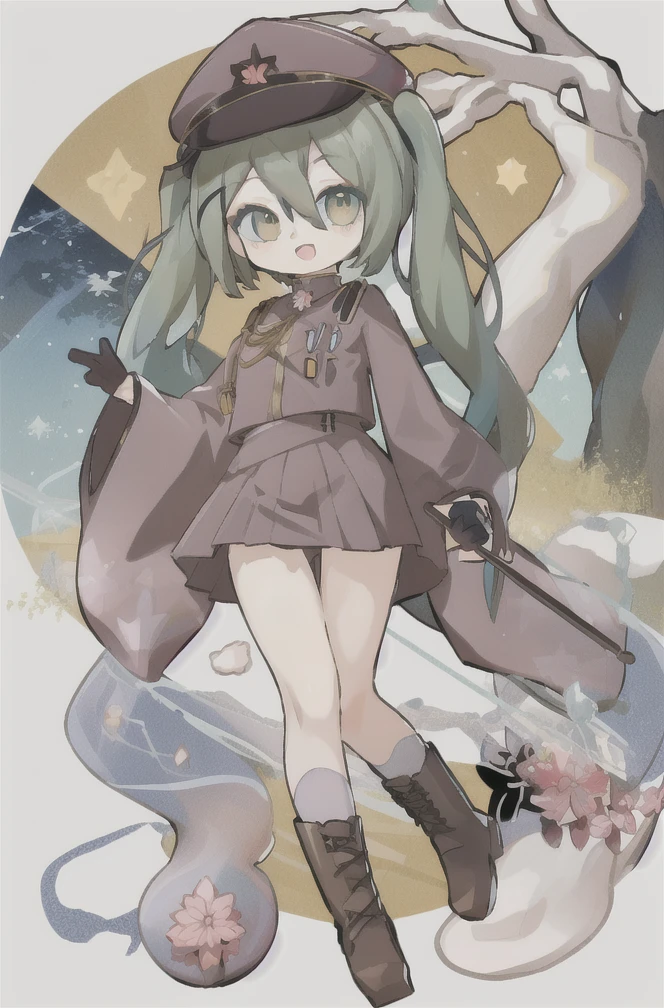 masterpiece, absurdres, uhd, 8k, 16k, best quality, whole body, 1girl, senbon-zakura_(vocaloid), (perfect face), looking at viewer, open mouth, thigh gap, thin, (slim thighs), thin legs, detailed sleeves, smile, scenery, ink, mountains, water, trees, (chibi style), chibi anime artstyle, ((super chibi)), (chibi)