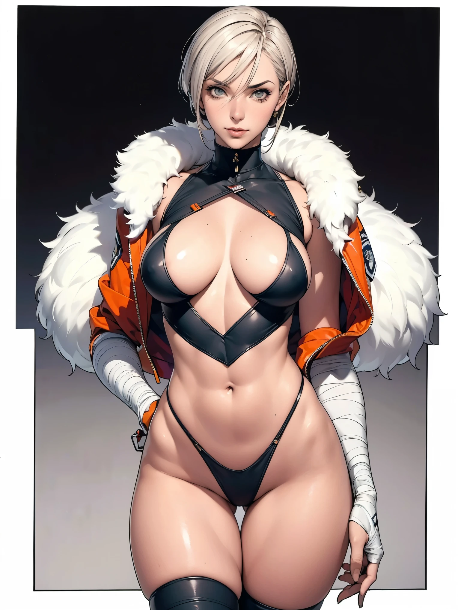 (((Annie Lennox))), (((colorful suit))), (scars), (((bandaged arms))), (((colorful clothes))) (( hood)), (((best quality: 1.4))), (Unbeatable masterpiece), (hyper HD),(CG 8k hyper-realistic), beautiful face, (((breasts big))), (((hyper feminine))), sexly girl, ((round face)), black tattoo,(ultra short red hair with white highlights)), ((( sculptural body ))), (((1 Kizi))), Kizi tatuada de 25 anos com perfect body,,Beautiful and well-groomed face, (round face), muscular body:1.2,solid color detailed jacket, (Head to thigh photos), Complex equipment, ,Tight clothes,With white stars and off-white stripes,,,,,Armor Metal Electronic Parts, Poison tattoos ) INFO, Kizi, (((standing alone))), , 24歳, sexy, pose de attitude, work of art, dancing, ((slight smile)), post-apocalypse, (((manga style))), bounty hunter, the way you want, perfect body, roupa moderna, advanced technology, white, yellow accent, black, red accent, fur collar jacket, sleeves with vertical striped pattern, background city, (( cowboy shot )). intricate visual, narrow waist, (((wide hips))), wide hips, fit thighs, (((thigh gap))), Thigh gap, background shows a futuristic airplane, open expression, expression happy