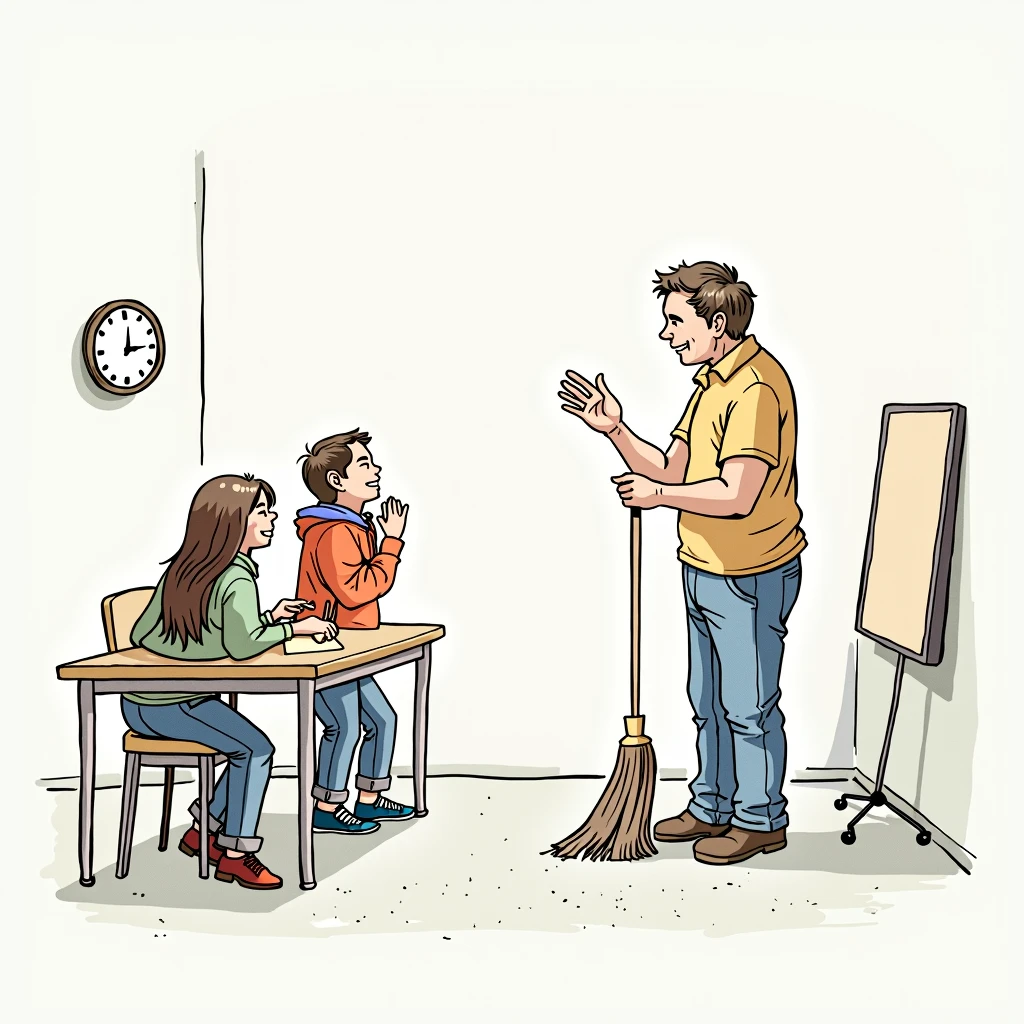 Create a drawing of a teacher asking his students to sweep.