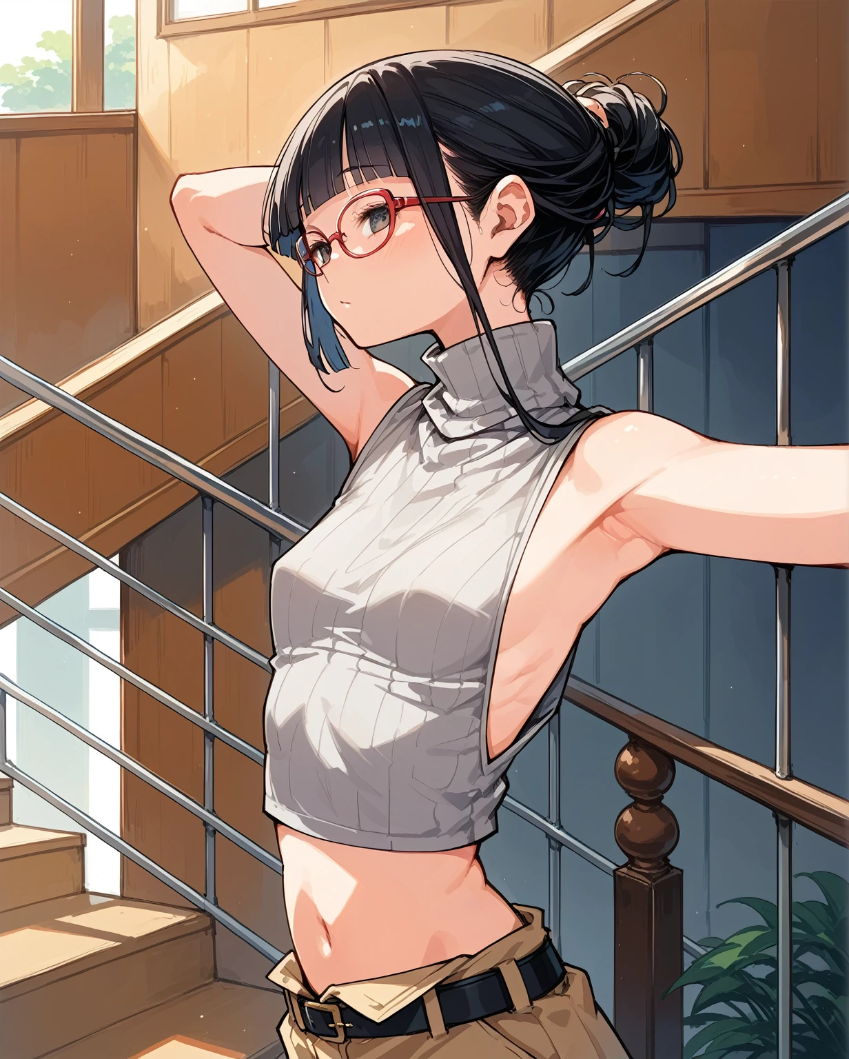 Focus on your audience,Naughty,The sides of the upper body are completely exposed,側面が完全に空いているデザインのSleeveless turtleneck,Exposed from the flank to the chest,Protruding ribs,Exposed waistline,Super low rise,Not wearing an inner layer、胸元が開いたデザインのSleeveless turtleneck,Exposed chest､Exposed flanks,sexy,Flat Chest,Focus on your audience,Very thin body,Anime Style,Slim figure,delicate,Glasses,Asian woman wearing a grey top posing on the stairs, Sleeveless turtleneck_Baggy, 脇が完全に開いているSleeveless turtleneck_Relaxed back design,rib cage,Side bust,Shoulders are wide open,sexyなWearing a crop top, Photo of slim girl model, Chiho, T-Top, shikamimi, Wearing a crop top, Real life anime girls, Kurohime cut hair, Chassis, 2 4-year-old female model