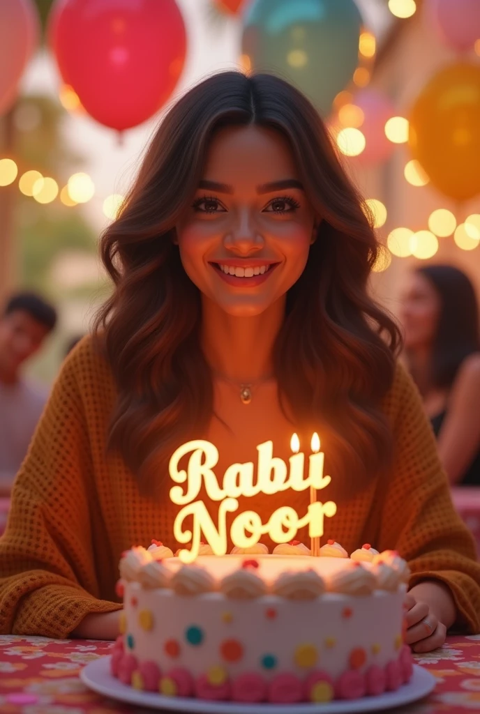 Birthday women 
with cake name on Cake  Rabia Noor background Balloons and birthday lights
