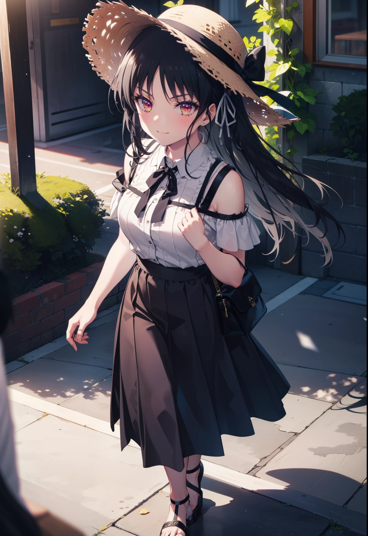 Suzune Horikita, suzune horikita, Long Hair, Black Hair, (Red eyes:1.3), Hair Ribbon, Braiding,blush,smile,Straw hat,Cold Shoulder Shirt,Short sleeve,Long skirt,Cute heeled sandals,Walking,whole bodyがイラストに入るように,
break outdoors, Building district,
break looking at viewer, whole body,
break (masterpiece:1.2), Highest quality, High resolution, unity 8k wallpaper, (figure:0.8), (Beautiful attention to detail:1.6), Highly detailed face, Perfect lighting, Highly detailed CG, (Perfect hands, Perfect Anatomy),