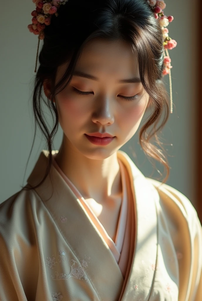 An elegantly dressed Japanese woman in natural light、A close-up of her chest and calm expression.、It shows her inner peace and outer charm.。