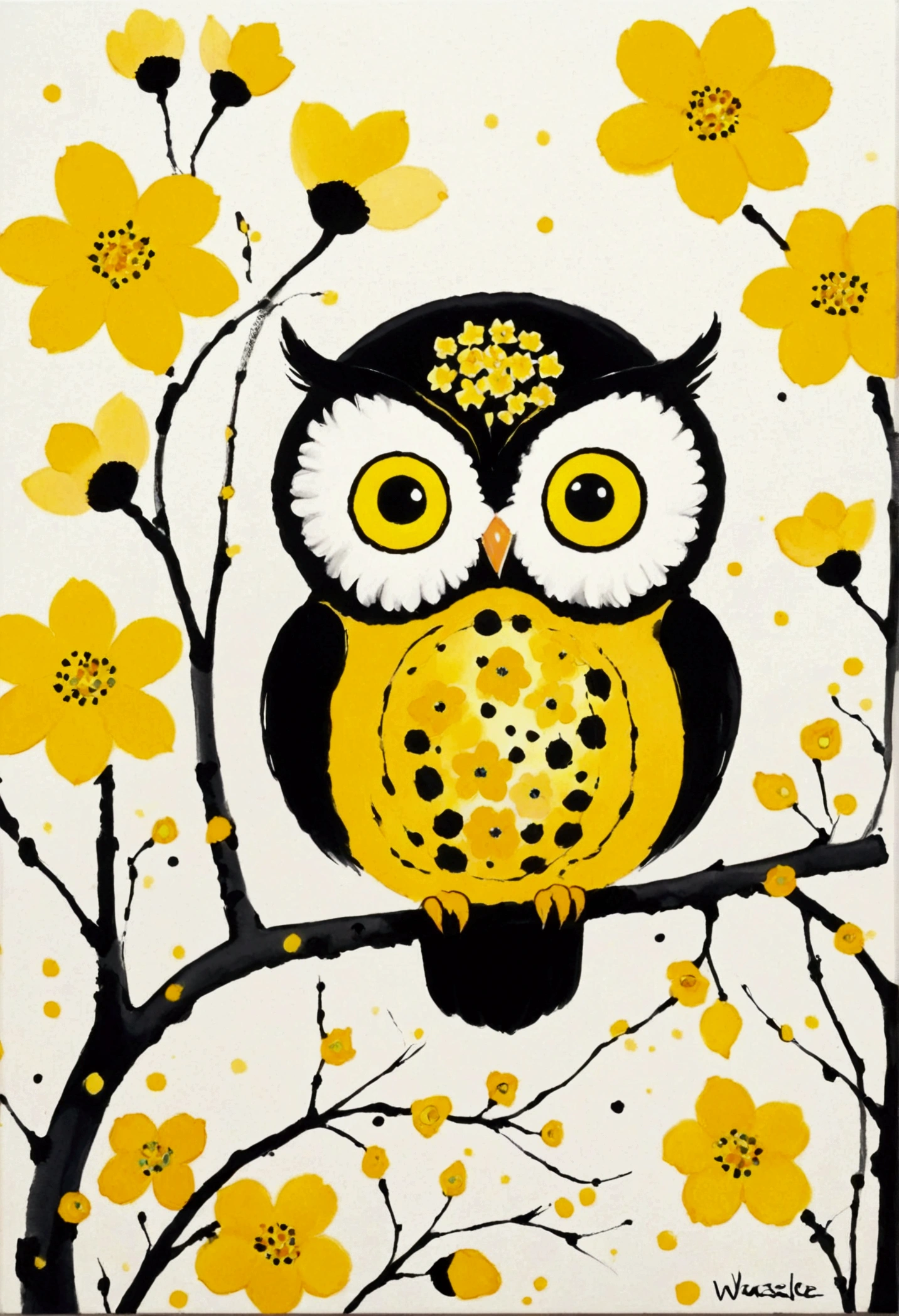 Ink Painting，Blooming，Dripping，。A cute little owl，yellow flowers,  Inspired by Wu Guanzhong, Inspired by Qi Baishi, Inspired by Tarsila do Amaral, Inspired by Etel Adnan, by Walasse Ting, Inspired by Emil Nolde, 