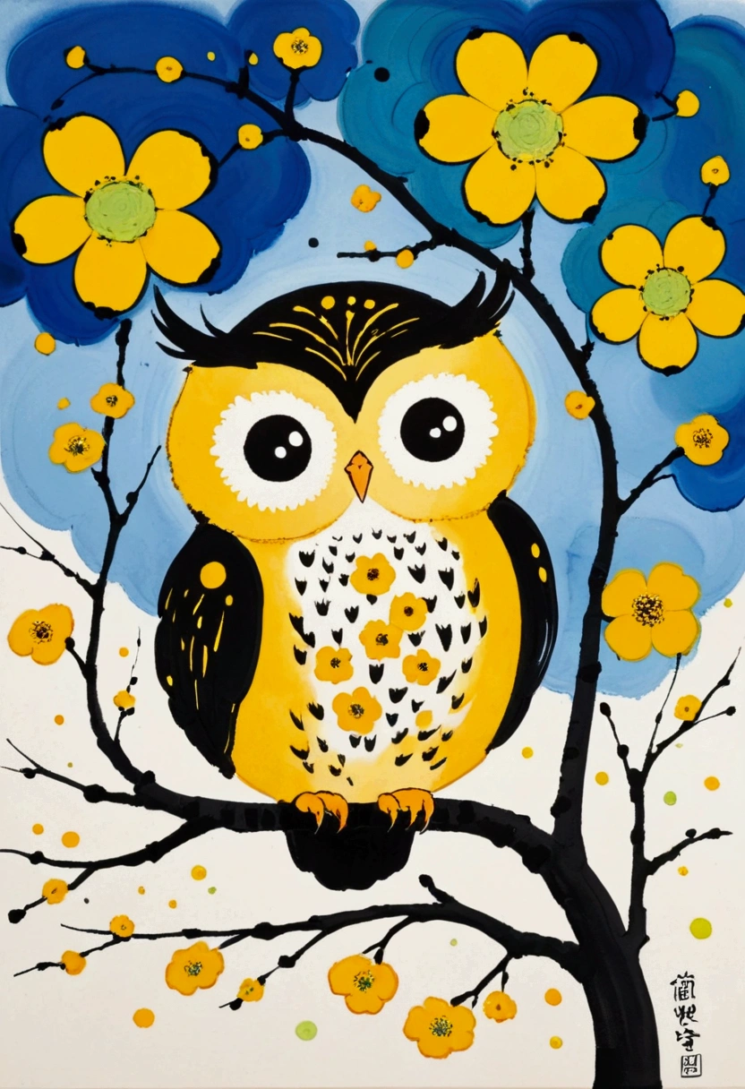 Ink Painting，Blooming，Dripping，。A cute little owl，yellow flowers,  Inspired by Wu Guanzhong, Inspired by Qi Baishi, Inspired by Tarsila do Amaral, Inspired by Etel Adnan, by Walasse Ting, Inspired by Emil Nolde, 