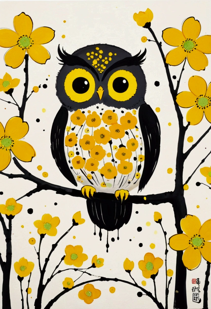 Ink Painting，Blooming，Dripping，。A cute little owl，yellow flowers,  Inspired by Wu Guanzhong, Inspired by Qi Baishi, Inspired by Tarsila do Amaral, Inspired by Etel Adnan, by Walasse Ting, Inspired by Emil Nolde, 