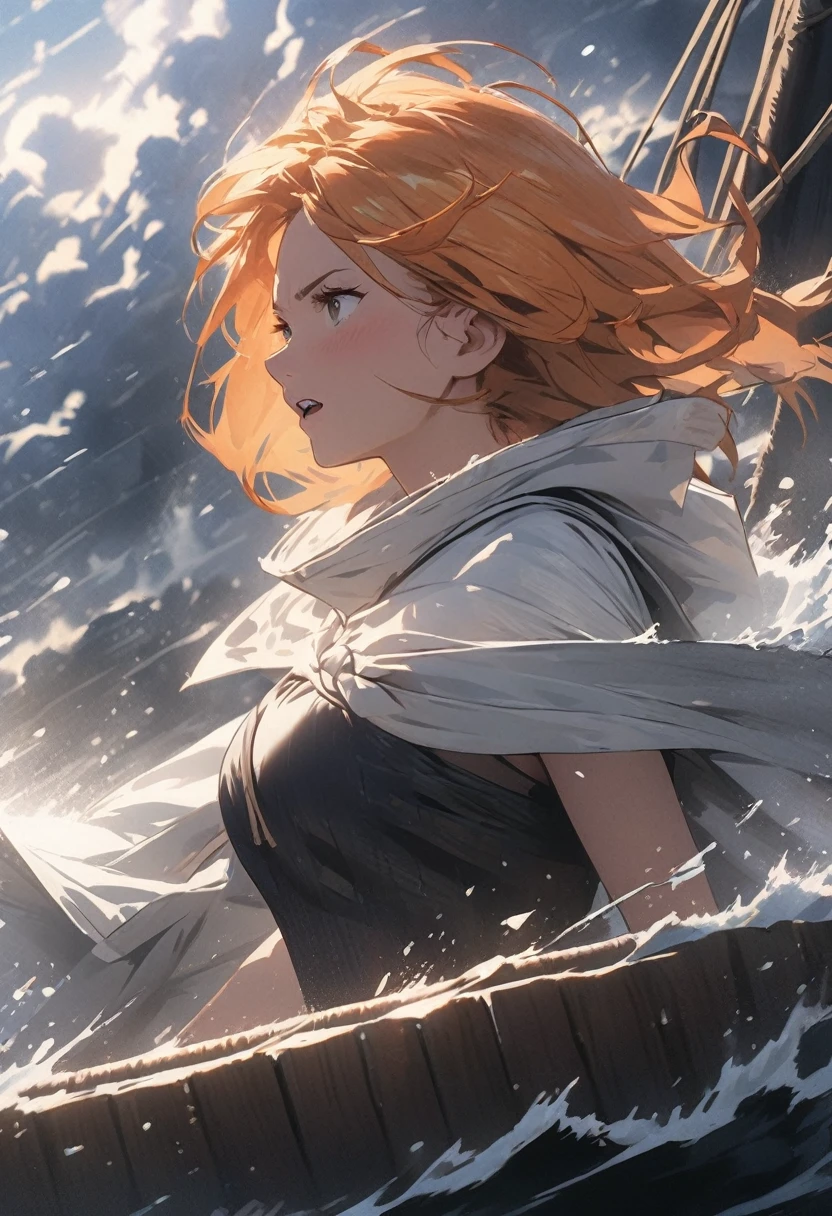 orange hair nordic woman setting her sails on a boat caught in a raging storm, 4k, hd