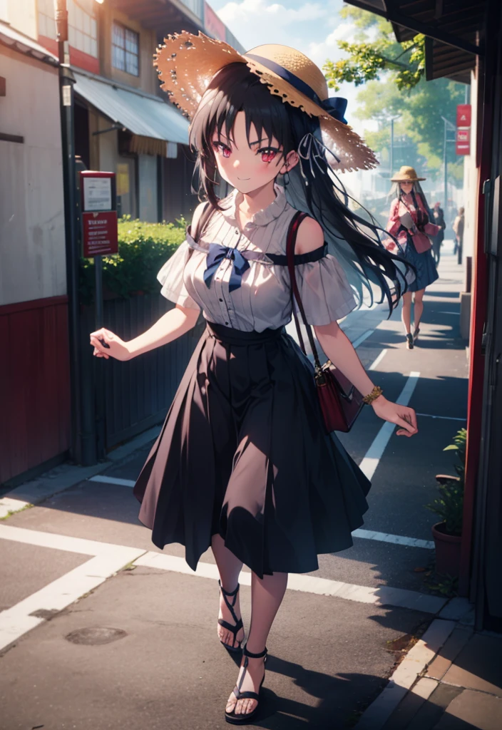 Suzune Horikita, suzune horikita, Long Hair, Black Hair, (Red eyes:1.3), Hair Ribbon, Braiding,blush,smile,Straw hat,Cold Shoulder Shirt,Short sleeve,Long skirt,Cute heeled sandals,Walking,whole bodyがイラストに入るように,
break outdoors, Building district,
break looking at viewer, whole body,
break (masterpiece:1.2), Highest quality, High resolution, unity 8k wallpaper, (figure:0.8), (Beautiful attention to detail:1.6), Highly detailed face, Perfect lighting, Highly detailed CG, (Perfect hands, Perfect Anatomy),
