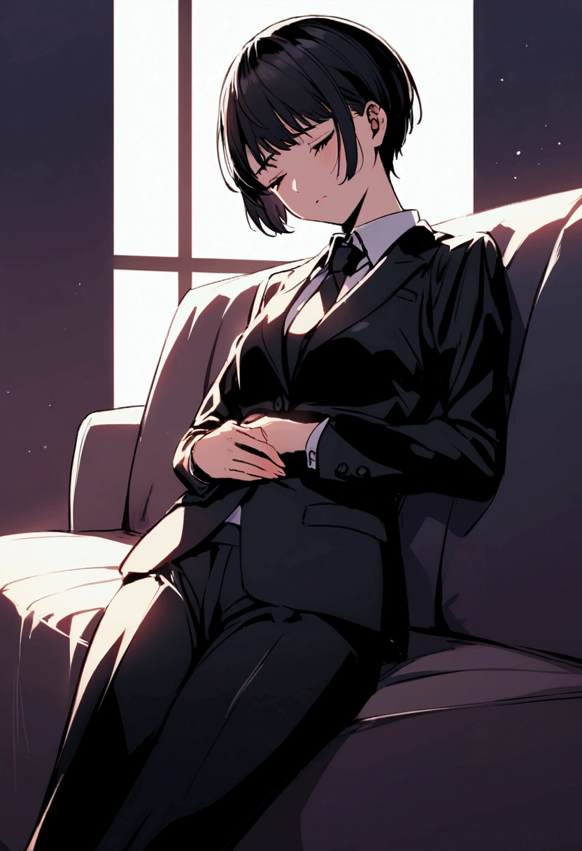 slender,a young girl,pixie cut,black hair,suit,sad, Leaning Back on sofa