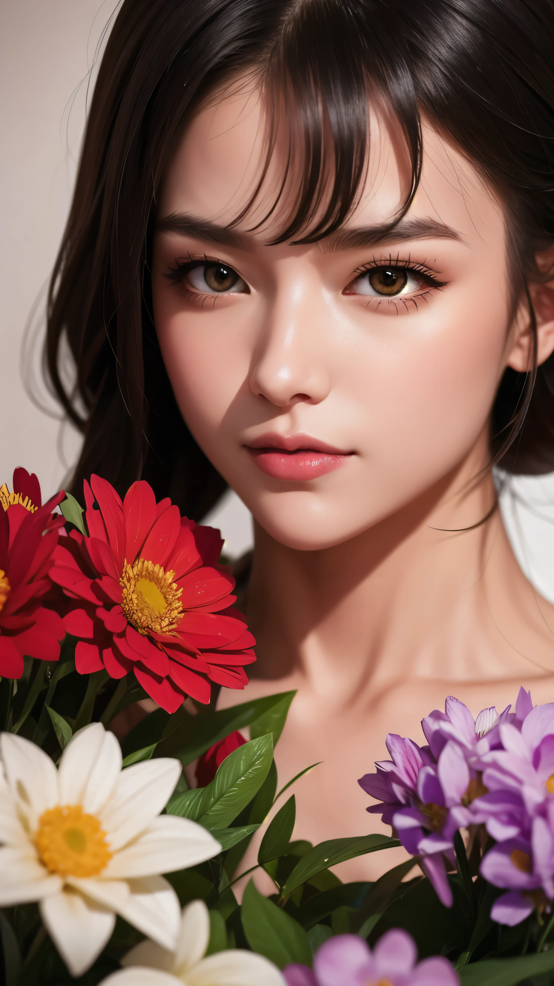 32k, Masterpiece, Highest quality, One girl, Brown Hair, Detailed eyes, flower,Amaryllis, Red and lime green style,A dreamy, romantic piece,Pale yellow, Mysterious Leaves,A playful arrangement,Fantasy,High Contrast,Ink strokes,explosion,Exposure, Impression of red and yellow-green tones,Abstract, Brush strokes,Negative Space, Tyndall effect, White background
