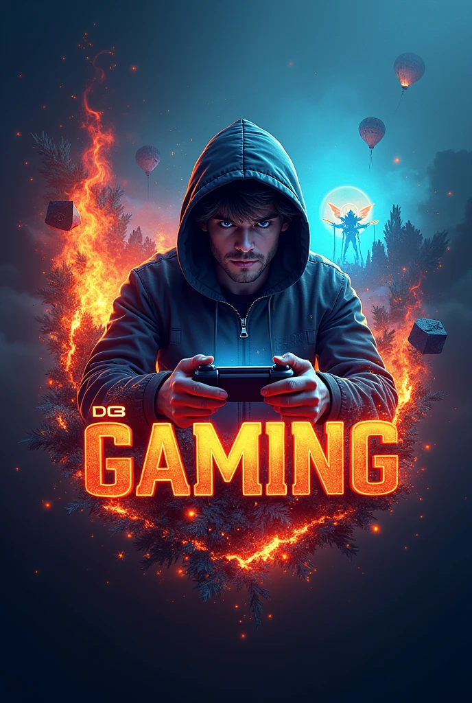 DB GAMING logo and fire on the edge  and add gamer  character and playing in another world  add name DB GAMING IN LOWER SIDE IN THIS IMAGE 
