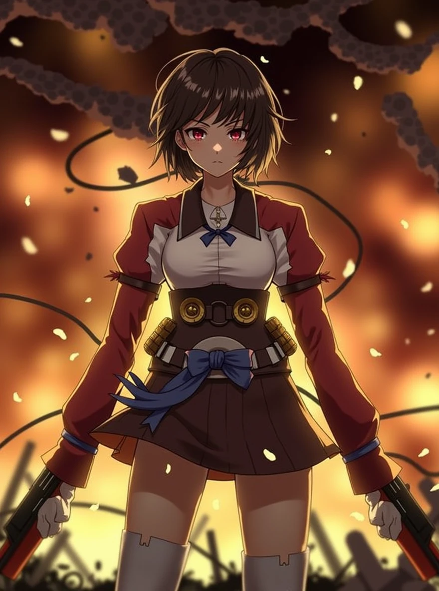 Create a dynamic portrait of Mumei, the fierce Kabaneri warrior from Koutetsujou no Kabaneri. She stands confidently, her frame exuding strength and determination. Her short, dark hair frames her face, with a distinctive ahoge curl. Piercing red eyes glow with an otherworldly intensity, reflecting her Kabaneri nature. Mumei wears her signature outfit: a white collared shirt beneath a crimson jacket, paired with a brown corset-like belt adorned with golden gears. A blue ribbon adds a touch of femininity to her combat-ready ensemble. In each hand, she grips her steam-powered guns, ready for battle. The background blazes with warm oranges and golds, suggesting a world engulfed in chaos and conflict. Embers and ash float around her, creating an atmosphere of impending danger. Capture Mumei's complex personality - a blend of childlike innocence and battle-hardened warrior. Convey her resolve, strength, and the weight of her responsibility as a protector against the Kabane threat.
