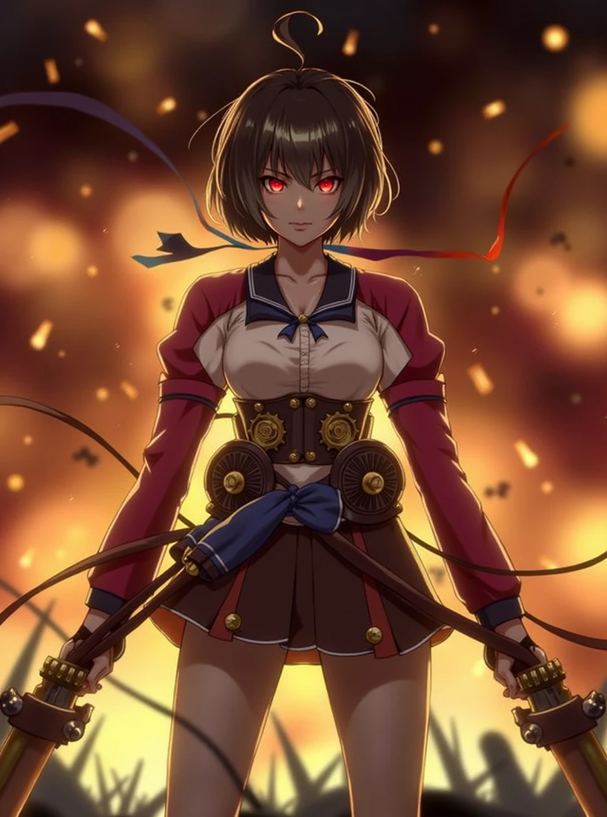 Create a dynamic portrait of Mumei, the fierce Kabaneri warrior from Koutetsujou no Kabaneri. She stands confidently, her  frame exuding strength and determination. Her short, dark hair frames her face, with a distinctive ahoge curl. Piercing red eyes glow with an otherworldly intensity, reflecting her Kabaneri nature. Mumei wears her signature outfit: a white collared shirt beneath a crimson jacket, paired with a brown corset-like belt adorned with golden gears. A blue ribbon adds a touch of femininity to her combat-ready ensemble. In each hand, she grips her steam-powered guns, ready for battle. The background blazes with warm oranges and golds, suggesting a world engulfed in chaos and conflict. Embers and ash float around her, creating an atmosphere of impending danger. Capture Mumei's complex personality - a blend of childlike innocence and battle-hardened warrior. Convey her resolve, strength, and the weight of her responsibility as a protector against the Kabane threat.