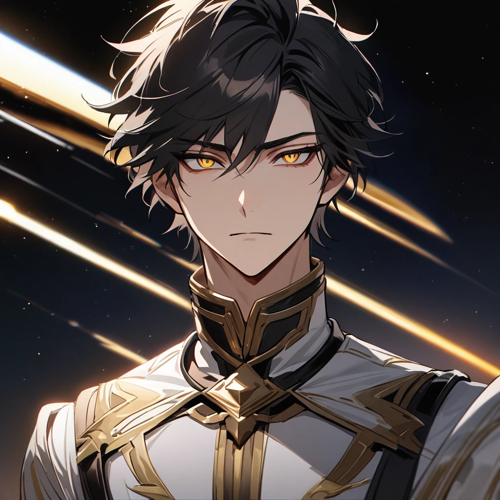 High quality, HD, 4k, no shadows, handsome male, handsome, 1male, 18 years old, 18yo, short black hair, dark hair, black hair, jet black hair, sharp eyes, deep golden colored eyes, dark gold colored eyes, deep gold eyes, gold eyes, devil may cry, close up, calm expression, stoic expression, black leather clothes, white leather clothing, lean body, well trained body, upper body, looking at viewer, cowboy shot, white solar, space background