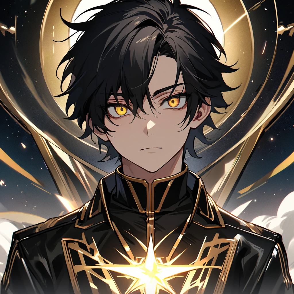 High quality, HD, 4k, no shadows, handsome male, handsome, 1male, 18 years old, 18yo, short black hair, dark hair, black hair, jet black hair, sharp eyes, deep golden colored eyes, dark gold colored eyes, deep gold eyes, gold eyes, devil may cry, close up, calm expression, stoic expression, black leather clothes, white leather clothing, lean body, well trained body, upper body, looking at viewer, cowboy shot, white solar, space background