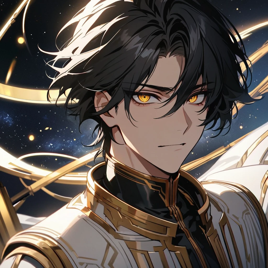 High quality, HD, 4k, no shadows, handsome male, handsome, 1male, 18 years old, 18yo, short black hair, dark hair, black hair, jet black hair, sharp eyes, deep golden colored eyes, dark gold colored eyes, deep gold eyes, gold eyes, devil may cry, close up, calm expression, stoic expression, black leather clothes, white leather clothing, lean body, well trained body, upper body, looking at viewer, cowboy shot, white solar, space background