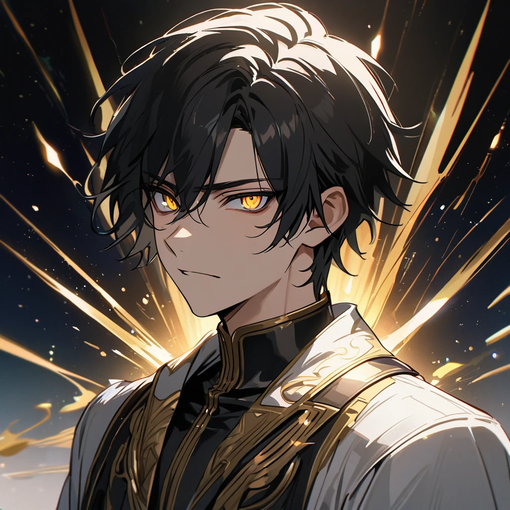 High quality, HD, 4k, no shadows, handsome male, handsome, 1male, 18 years old, 18yo, short black hair, dark hair, black hair, jet black hair, sharp eyes, deep golden colored eyes, dark gold colored eyes, deep gold eyes, gold eyes, devil may cry, close up, calm expression, stoic expression, black leather clothes, white leather clothing, lean body, well trained body, upper body, looking at viewer, cowboy shot, white solar, space background