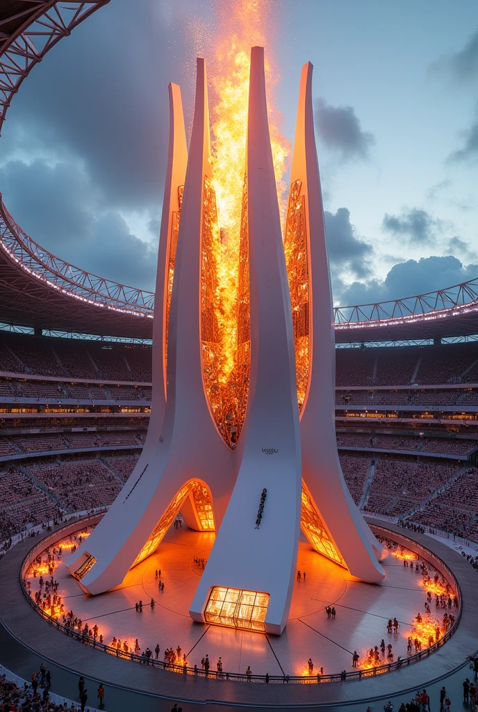 Beautiful technological Olympic cauldron with fire and beds
