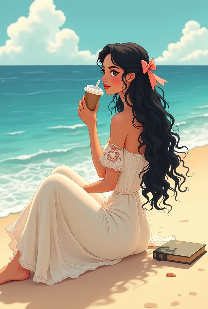 Animated classic Ethereal woman in curly long black hair with bow clip at middle back, wearing off shoulder embroidered long dress holding a diary while sipping iced coffee in the beach