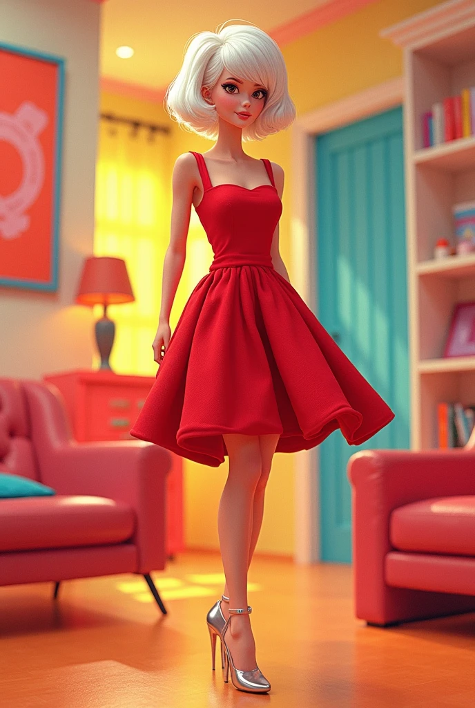 Barbie cartoon style, with brown eyes,short white hair ,dressed in a red square neckline dress with a super high front silver heels