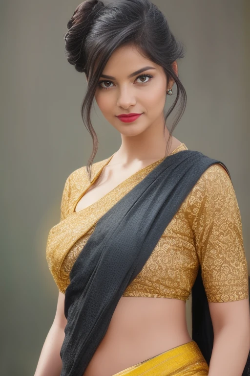 (best quality,4k,8k,highres,masterpiece:1.2),ultra-detailed,(realistic,photorealistic,photo-realistic:1.37) perfect pink eyes, fantastic face, Indian, beautiful look, ((red lips, bright eyes, curve heir 1.5)), (Straight round and ultra huge clevage, not sagging breast), A glorious gorgeous, glorious gorgeous face, pretty face, bright eyes, detailed elegant printed ancient saree and blouse, updo elegant hair, blurred gray tones background, ultra focus, face ilumined, face detailed, 8k resolution, painted, dry brush, brush strokes, razumov style and garmash style, by Tokaito, sexy woman, full body,double bun,double braids, school girl outfit, black hair,perfect eyes, cowboy shot, UHD, anatomically correct woman, no visible hands, photo realistic,relevant and detailed surroundings, vibrant colors, dramatic lighting
