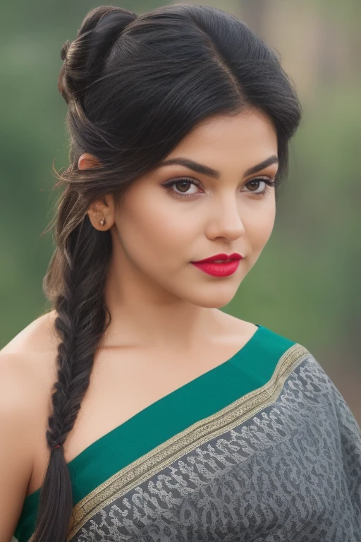 (best quality,4k,8k,highres,masterpiece:1.2),ultra-detailed,(realistic,photorealistic,photo-realistic:1.37) perfect pink eyes, fantastic face, Indian, beautiful look, ((red lips, bright eyes, curve heir 1.5)), (Straight round and ultra huge clevage, not sagging breast), A glorious gorgeous, glorious gorgeous face, pretty face, bright eyes, detailed elegant printed ancient saree and blouse, updo elegant hair, blurred gray tones background, ultra focus, face ilumined, face detailed, 8k resolution, painted, dry brush, brush strokes, razumov style and garmash style, by Tokaito, sexy woman, full body,double bun,double braids, school girl outfit, black hair,perfect eyes, cowboy shot, UHD, anatomically correct woman, no visible hands, photo realistic,relevant and detailed surroundings, vibrant colors, dramatic lighting