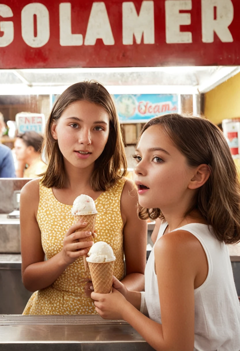 girl CHILD 10 years old , loira com cabelo cacheado, three ice cream cones with different flavors of ice cream in them, casquinhas de sorvete, gelado, casquinha de sorvete, sorvete ao lado, montanhas de sorvete, comer sorvete - creme, comer sorvete, cone, Nascer, delicioso, 8k)), em forma de cone, detalhado