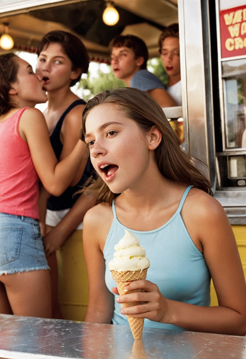 1950s America, crowding around an ice cream stand, summer vacation, carefree days that turn to fear of nuclear attack, professional lighting, professional camera, highly detailed, photorealistic, warm colors, soft lighting, nostalgic atmosphere, dynamic composition, subtle film grain, emotional facial expressions, dynamic poses, vibrant colors, intricate details, cinematic lighting, depth of field, masterfully executed