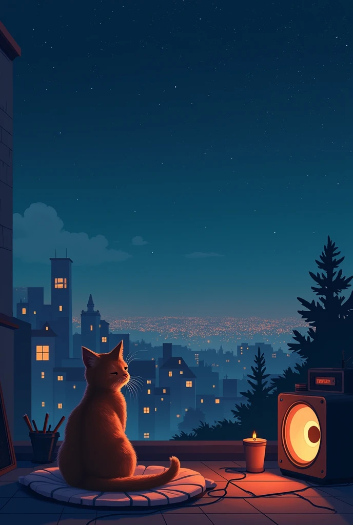 Lo-Fi Listening to music with a kitten on a rooftop with a view of the stars