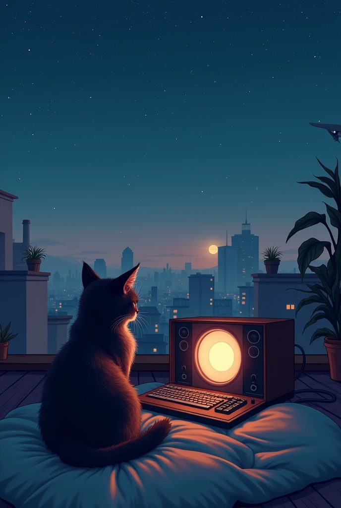 Lo-Fi Listening to music with a kitten on a rooftop with a view of the stars