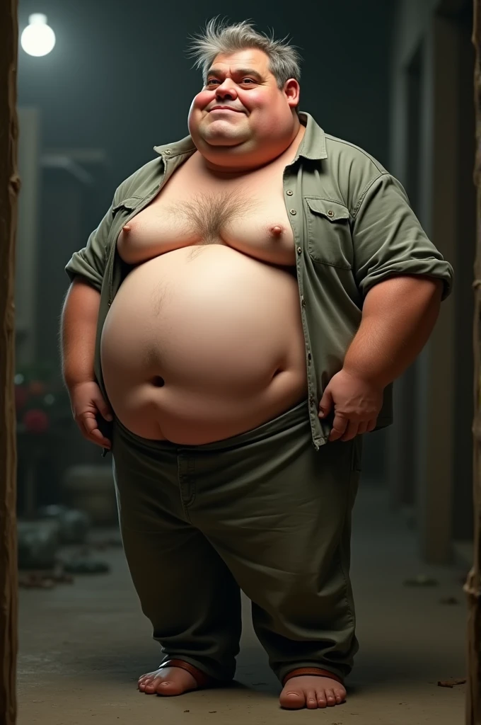 fat man with belly exposed