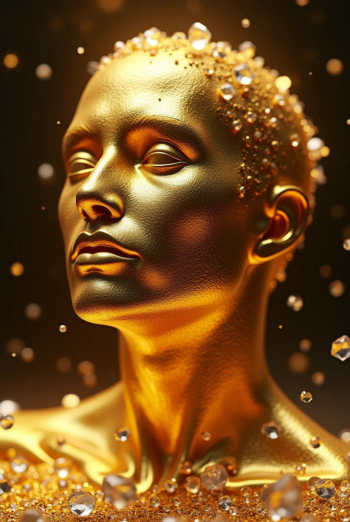 a melting gold sculpture,a large amount of diamonds,extremely detailed,highly intricate,ultra-realistic,photorealistic,incredibly detailed,cinematic lighting,dramatic shadows,vivid colors,hyper-detailed,artfully composed,mesmerizing,award winning,masterpiece,8k,high quality,best quality,CGI,3D render
