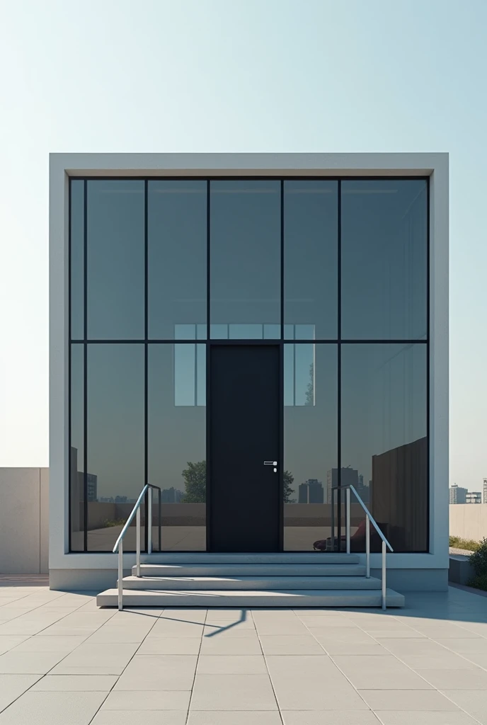Make a medium-sized building with large glass windows facing downwards,In the center there is a black door and on the left side there are some stairs. Everything I want is a minimalist and functional design inspired by the.superhero and spiderman