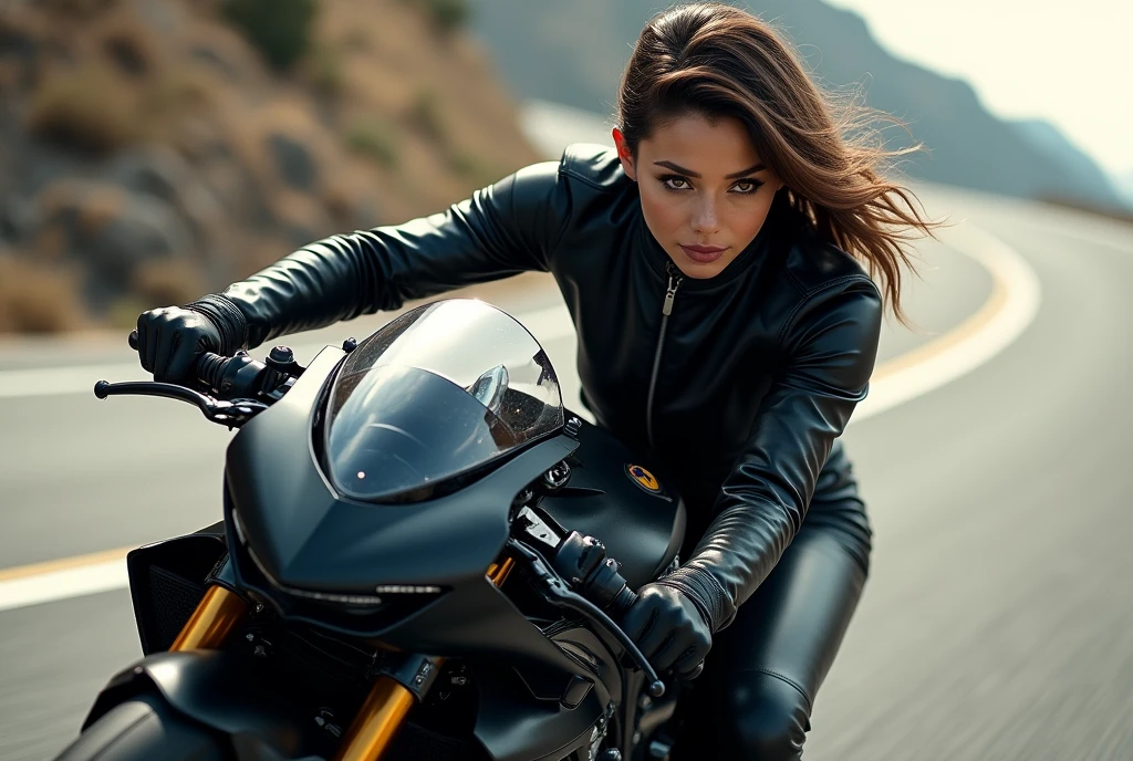 Woman in all black leather, Black Full Face, Black racing bike, Cool women, Hair is in the middle of the face, Hang on to take the curve