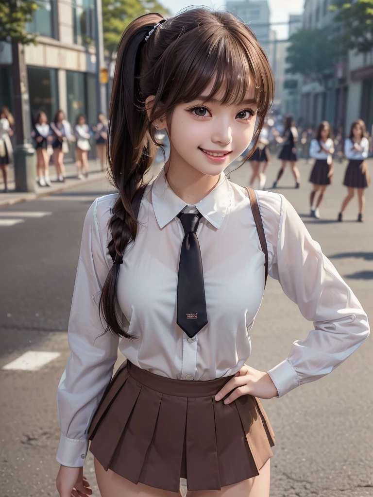 (8k, RAW Photos, Highest quality, masterpiece:1.2), (Realistic, photo-Realistic:1.4), (extremely detailed 8k wallpaper), ((Full Body Shot)), (((1 girl))), Sharp focus, Cinema Lighting, Soft Light, (Delicate and beautiful eyes, Very beautiful  gal, innocent big 目s, Realistic, photo Realistic, Highly detailed cute girl, (Thin thighs), (Model body type), Slightly larger breasts、The top button of the blouse is undone.、(Brown Hair), (ponytail), (Asymmetrical bangs), ((smile)), Glowing Skin, ultra high density skin ,Detailed hairstyle, Facial beauty with attention to detail, Perfect female body, (school uniform:1.3),(mini skirt), The audience is watching, (Crowded street:1.3)、Side Shot、Dynamic Movement