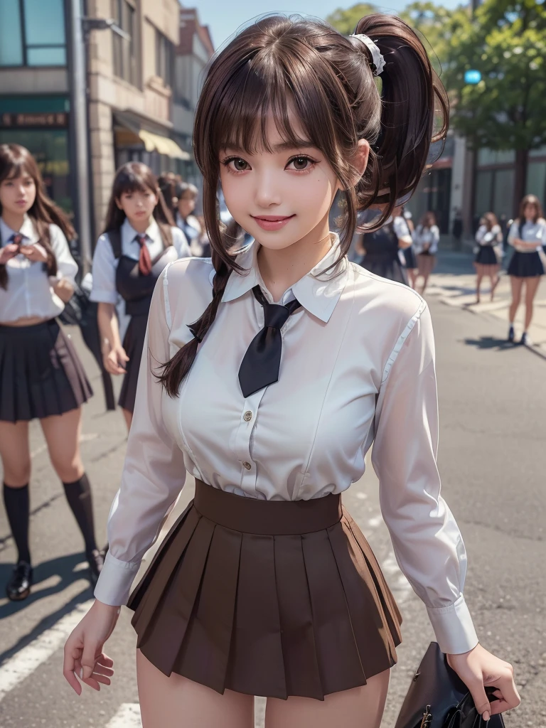 (8k, RAW Photos, Highest quality, masterpiece:1.2), (Realistic, photo-Realistic:1.4), (extremely detailed 8k wallpaper), ((Full Body Shot)), (((1 girl))), Sharp focus, Cinema Lighting, Soft Light, (Delicate and beautiful eyes, Very beautiful  gal, innocent big 目s, Realistic, photo Realistic, Highly detailed cute girl, (Thin thighs), (Model body type), Slightly larger breasts、The top button of the blouse is undone.、(Brown Hair), (ponytail), (Asymmetrical bangs), ((smile)), Glowing Skin, ultra high density skin ,Detailed hairstyle, Facial beauty with attention to detail, Perfect female body, (school uniform:1.3),(mini skirt), The audience is watching, (Crowded street:1.3)、Side Shot、Dynamic Movement