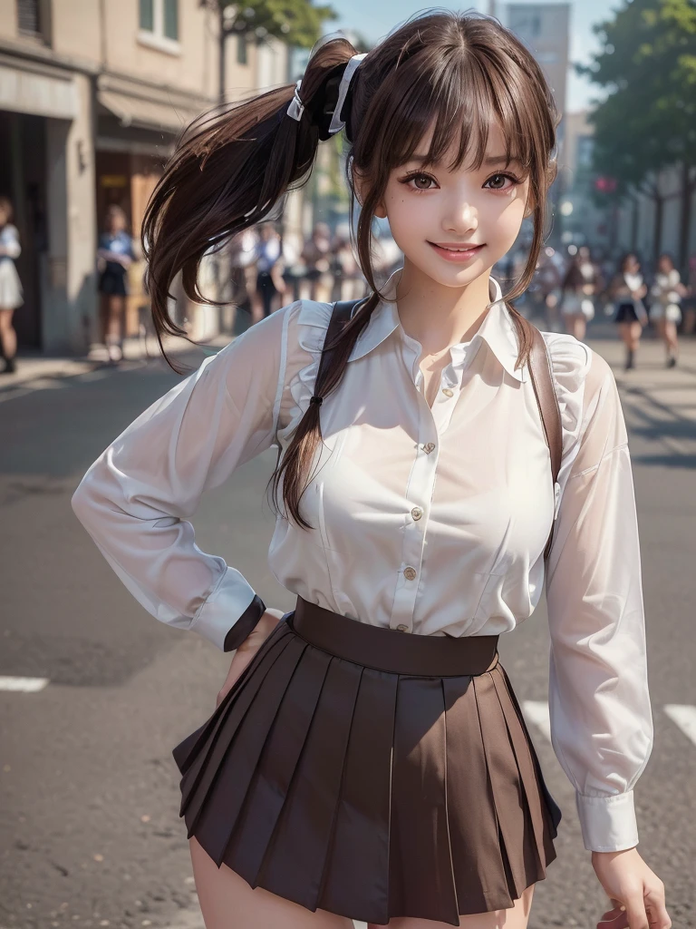 (8k, RAW Photos, Highest quality, masterpiece:1.2), (Realistic, photo-Realistic:1.4), (extremely detailed 8k wallpaper), ((Full Body Shot)), (((1 girl))), Sharp focus, Cinema Lighting, Soft Light, (Delicate and beautiful eyes, Very beautiful 17 year old gal, innocent big 目s, Realistic, photo Realistic, Highly detailed cute girl, (Thin thighs), (Model body type), Slightly larger breasts、The top button of the blouse is undone.、(Brown Hair), (ponytail), (Asymmetrical bangs), ((smile)), Glowing Skin, ultra high density skin ,Detailed hairstyle, Facial beauty with attention to detail, Perfect female body, (school uniform:1.3),(mini skirt), The audience is watching, (Crowded street:1.3)、Side Shot、Dynamic Movement